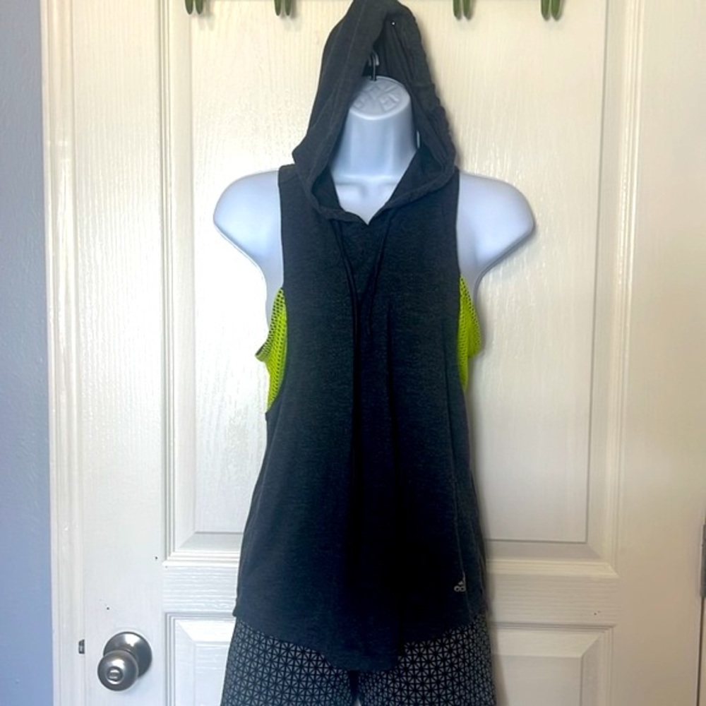 Adidas hooded tank top. Athletic top. Grey with lime mesh accent. Small.